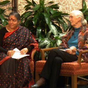 Vandana Shiva (left) and Jane Goodall during an interview about climate change, democracy, and the role of women.